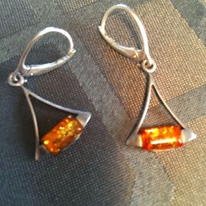 amber and sterling silver drop women's earrings